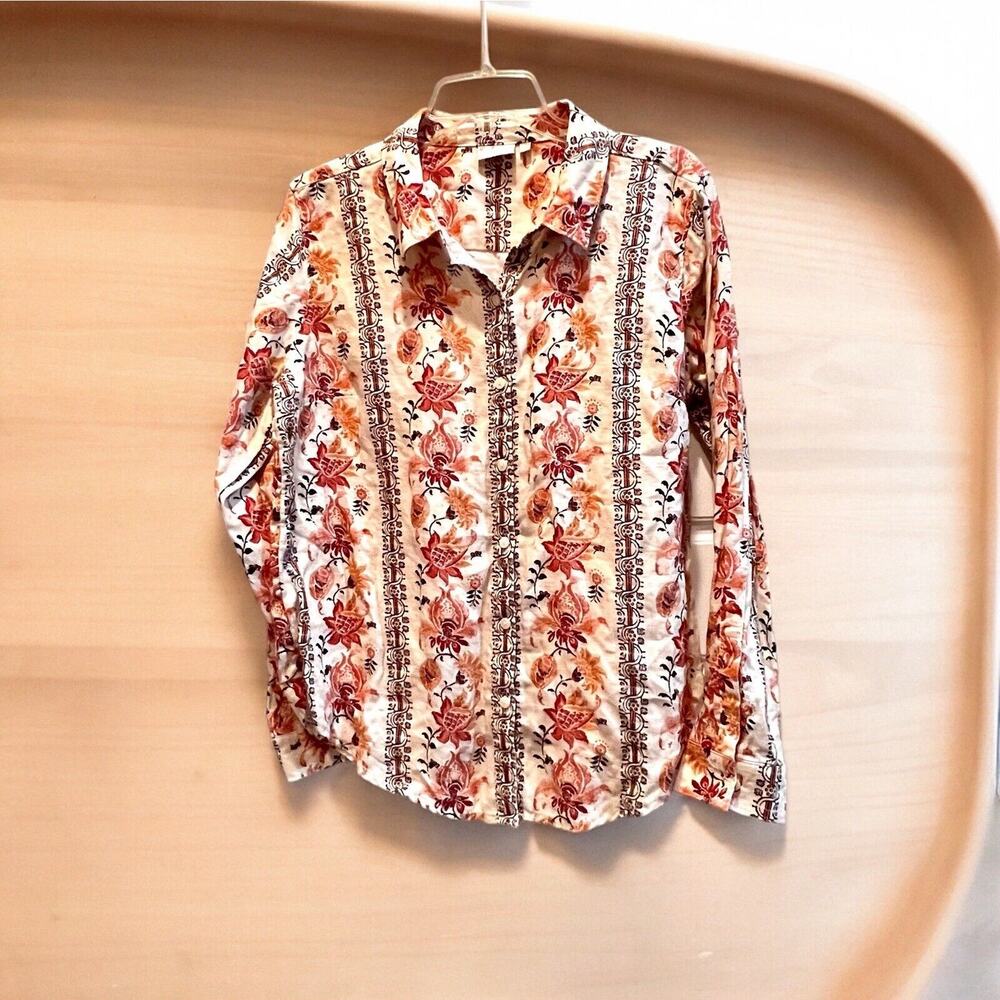 Spartina 449 Womens Shirt Large 100% Linen Beige Clay Floral Long Sleeve Button